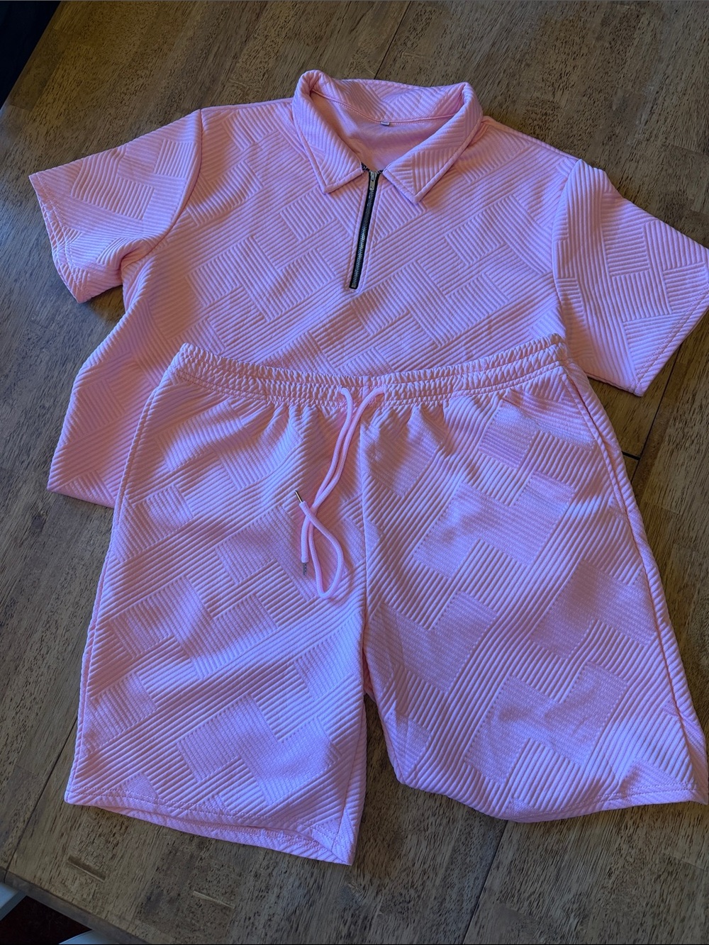 Textured Pink Two-Piece Zip Polo and Shorts Set Amazon 39.00
